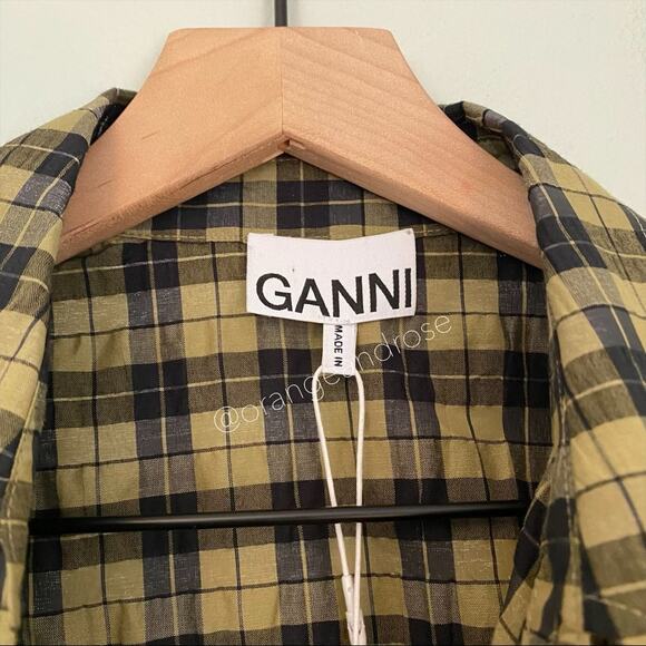 NWT GANNI Green Black Seersucker Wrap Collar Top M - Picture 4 of 14